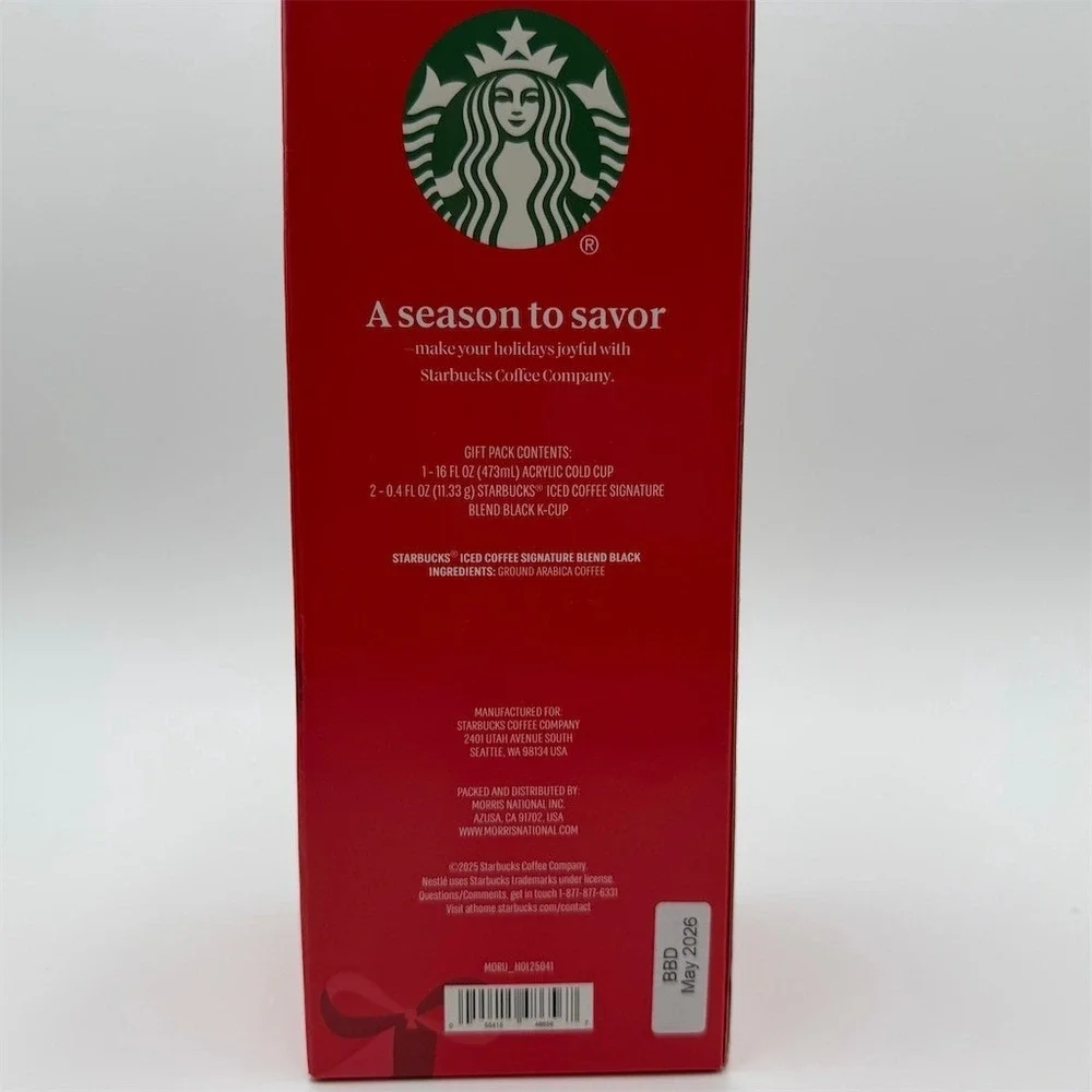 Starbucks Holiday Red Cold Cup 16 oz w/‎ Green Straw + 2 Iced Coffee K-Cups